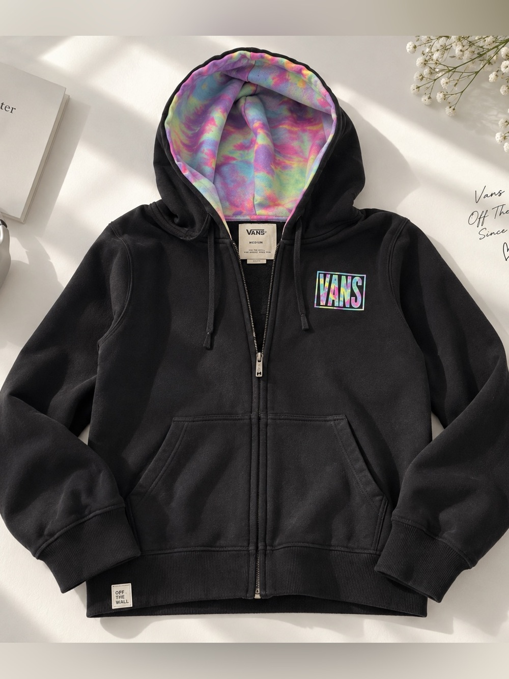 Vans Black Zip-Up Hoodie w/ Colorful Tie-Dye Lining – Size M